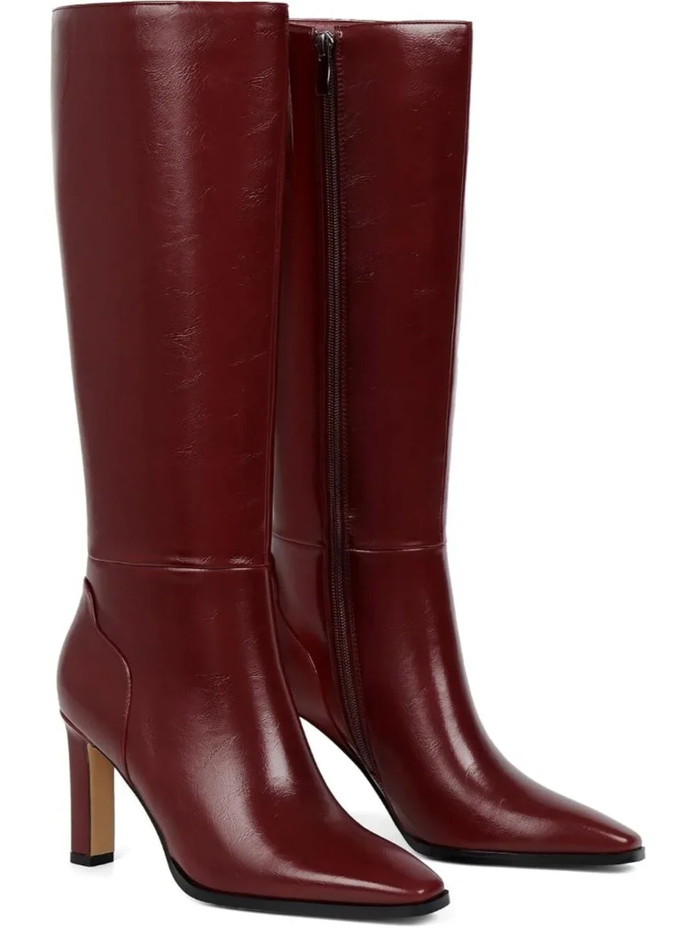 Women's Red Faux Leather Pointed Square Toe Stiletto Chunky Heel Knee High Boots